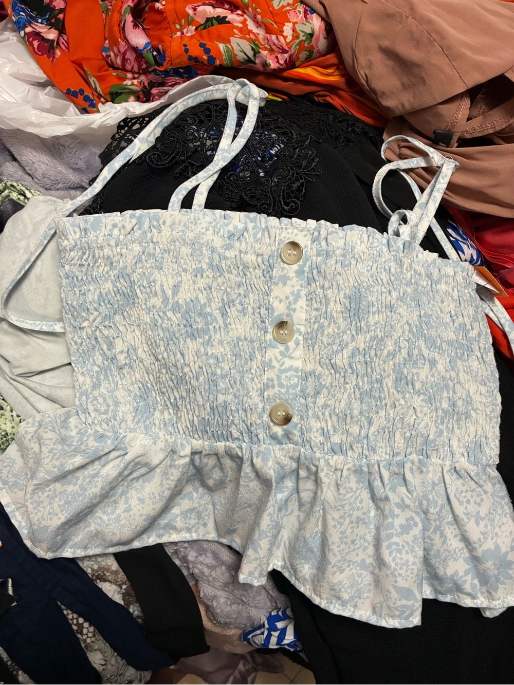 Blue Floral Smocked Peplum Crop Top S